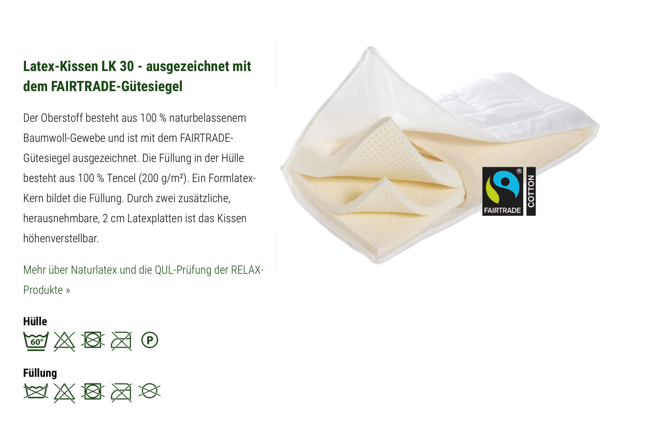 Relax Naturlatex Kissen LK 30 Bezug Tencel 40 x 80 cm