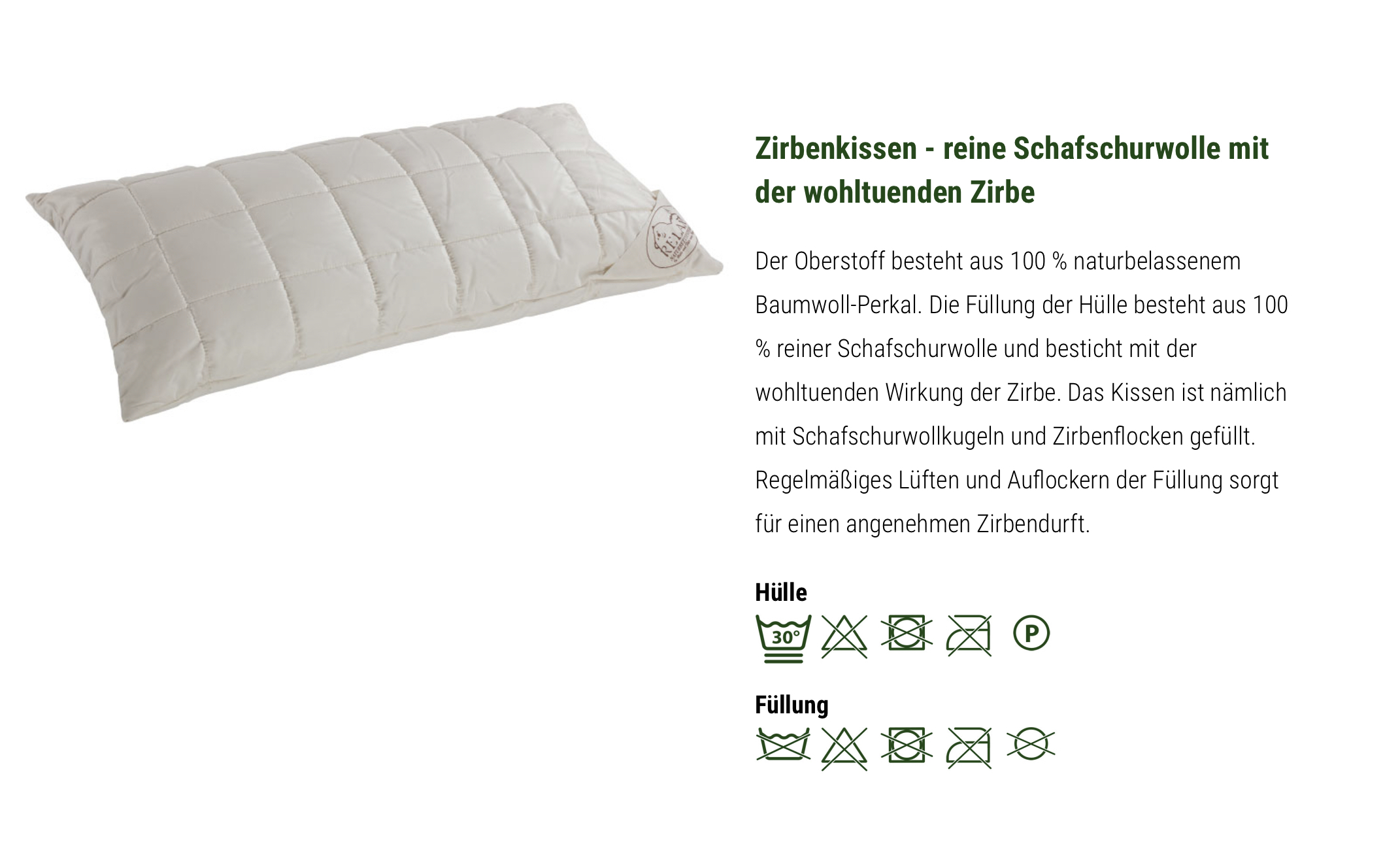 Relax Zirben Kopfkissen mit Schurwolle und Zirbenflocken ZK40 40 x 80 cm