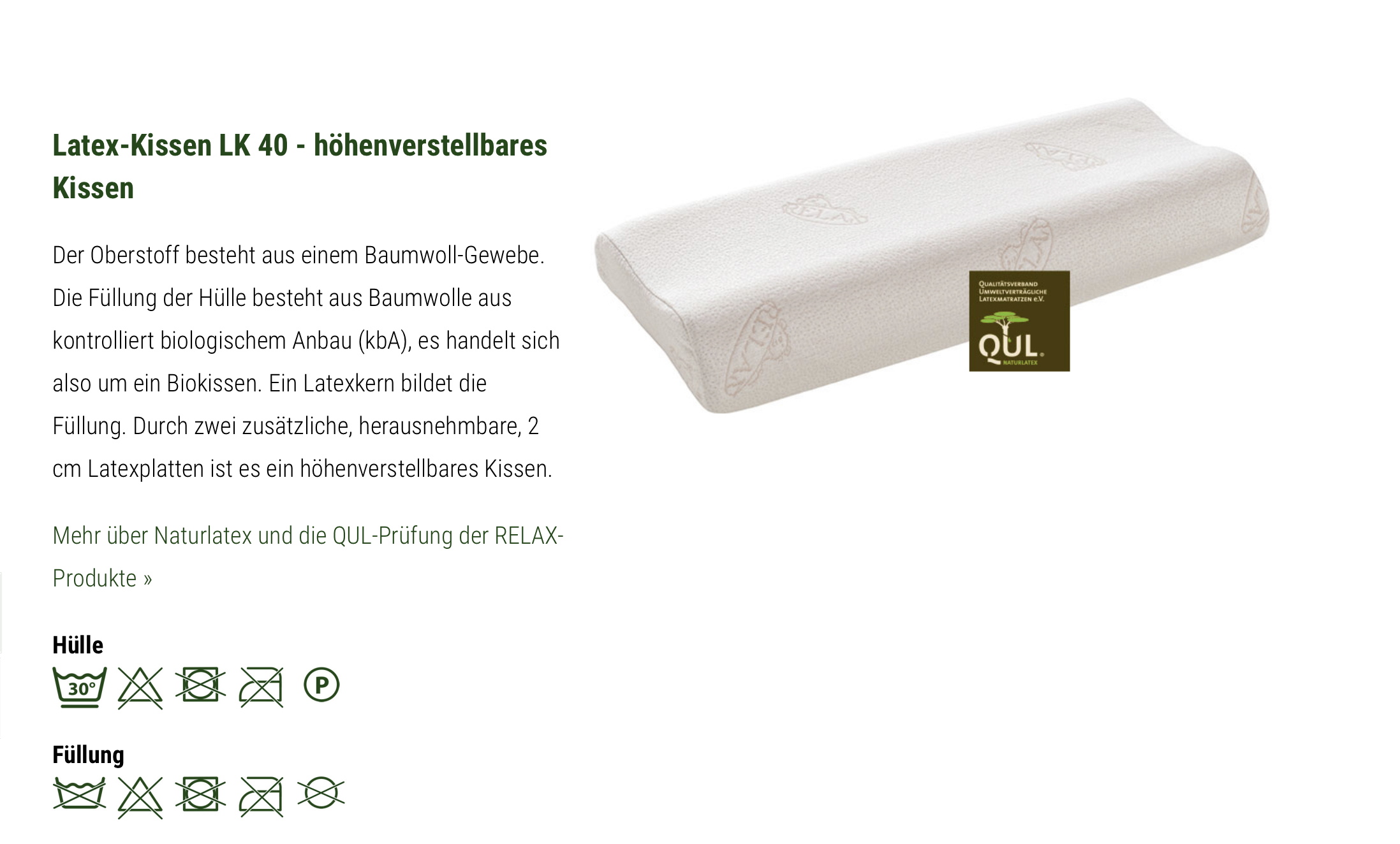 Relax Naturlatex Kissen LK 40 Bezug Baumwolle 40 x 80 cm